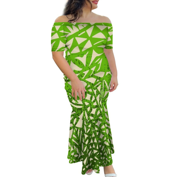 New Polynesian Tribal Design Tapa Floral Print Fishtail Mermaid Dresses