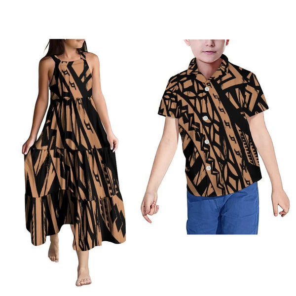 Samoan Tribal Girls Halter Long Dress Polynesian Boys Top Printed Shirt Hawaii Kids Shirts And Dresses With Hot Pairings