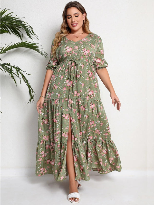 Floral Print Half Sleeve Split Long Dress.