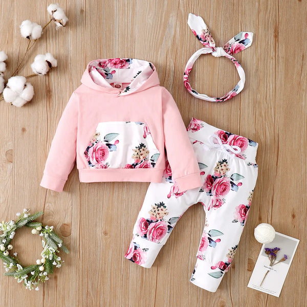 Baby Girl Floral Clothes Set Hooded Printed Top + Pant + Headband 3pcs Outfit