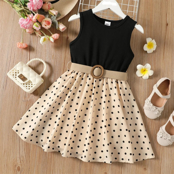 2pcs Polka Dots Sleeveless Dress & Belt