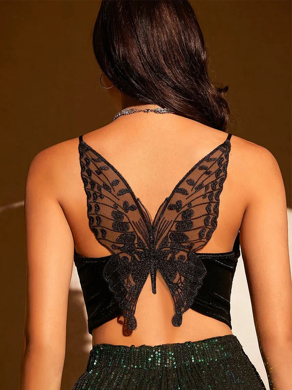 Butterfly Embroidery with Spaghetti Strap Crop Top