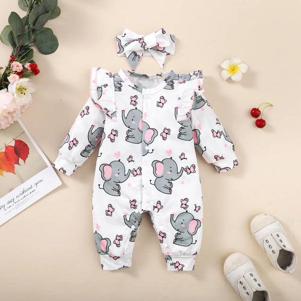 Baby Girl Jumpsuit Cute Elephant Print Infant Baby Bodysuit