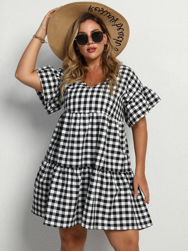 Plus Gingham Flounce Sleeve Ruffle Hem Dress