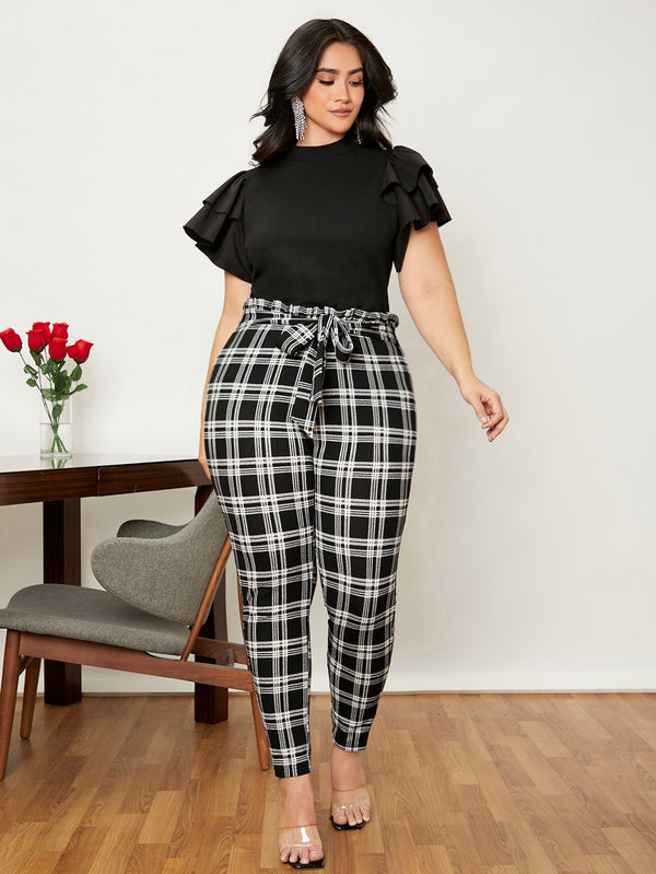 Plus Plaid Print Paperbag Waist Knot Front Skinny Pants