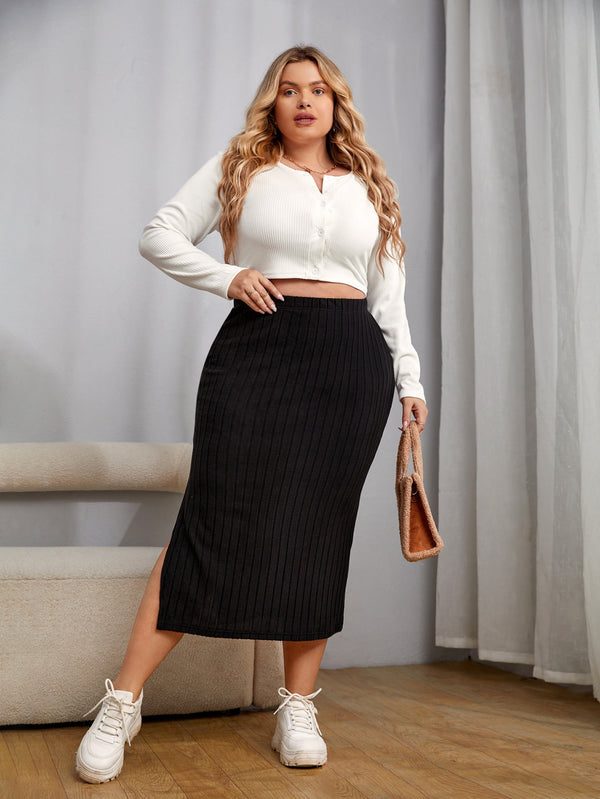 Plus High Waist Split Hem Ribbed Knit Skirt