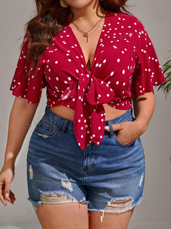 Plus Polka Dot Print Knot Front Crop Top