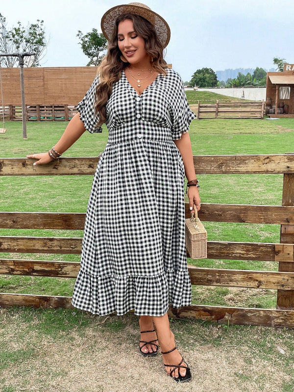 Plus Gingham Print Batwing Sleeve Ruffle Hem Dress