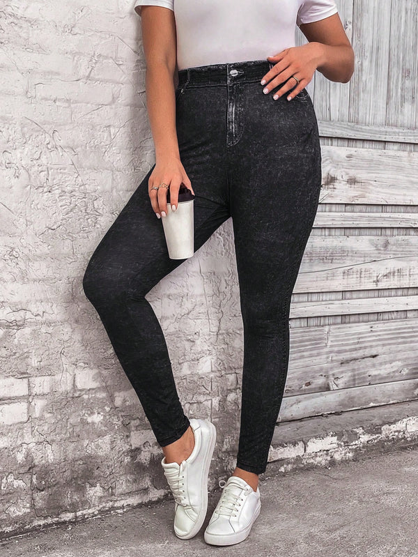 Plus High Waist Denim-Effect Print Leggings