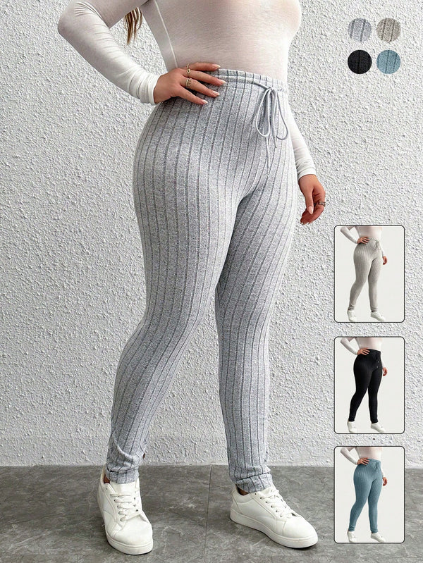 Plus Size Women's Drawstring Waist Ribbed Leggings