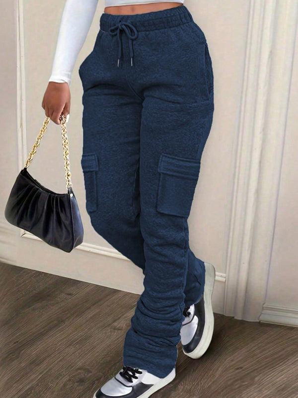 Plus-Size Elastic Waist Sweatpants With Flap Pockets And Side Stripes